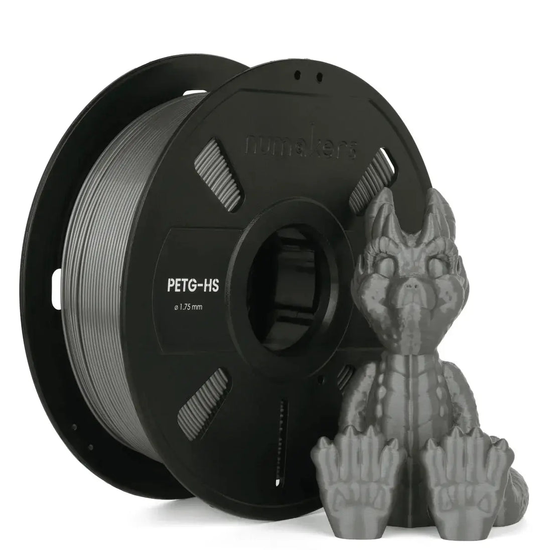 PETG-HS filament spool by Numakers for 3D printers; gray filament beside a gray dragon figurine (2 items)