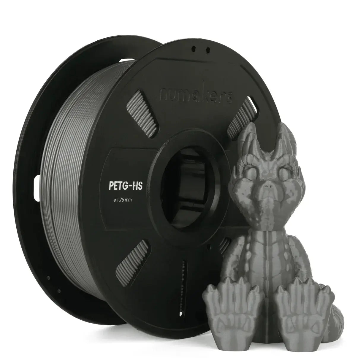 PETG-HS filament spool by Numakers for 3D printers; gray filament beside a gray dragon figurine (2 items)