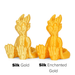 PLA Silk 3D printer accessories: two gold dragon figures, Silk Gold and Silk Enchanted Gold