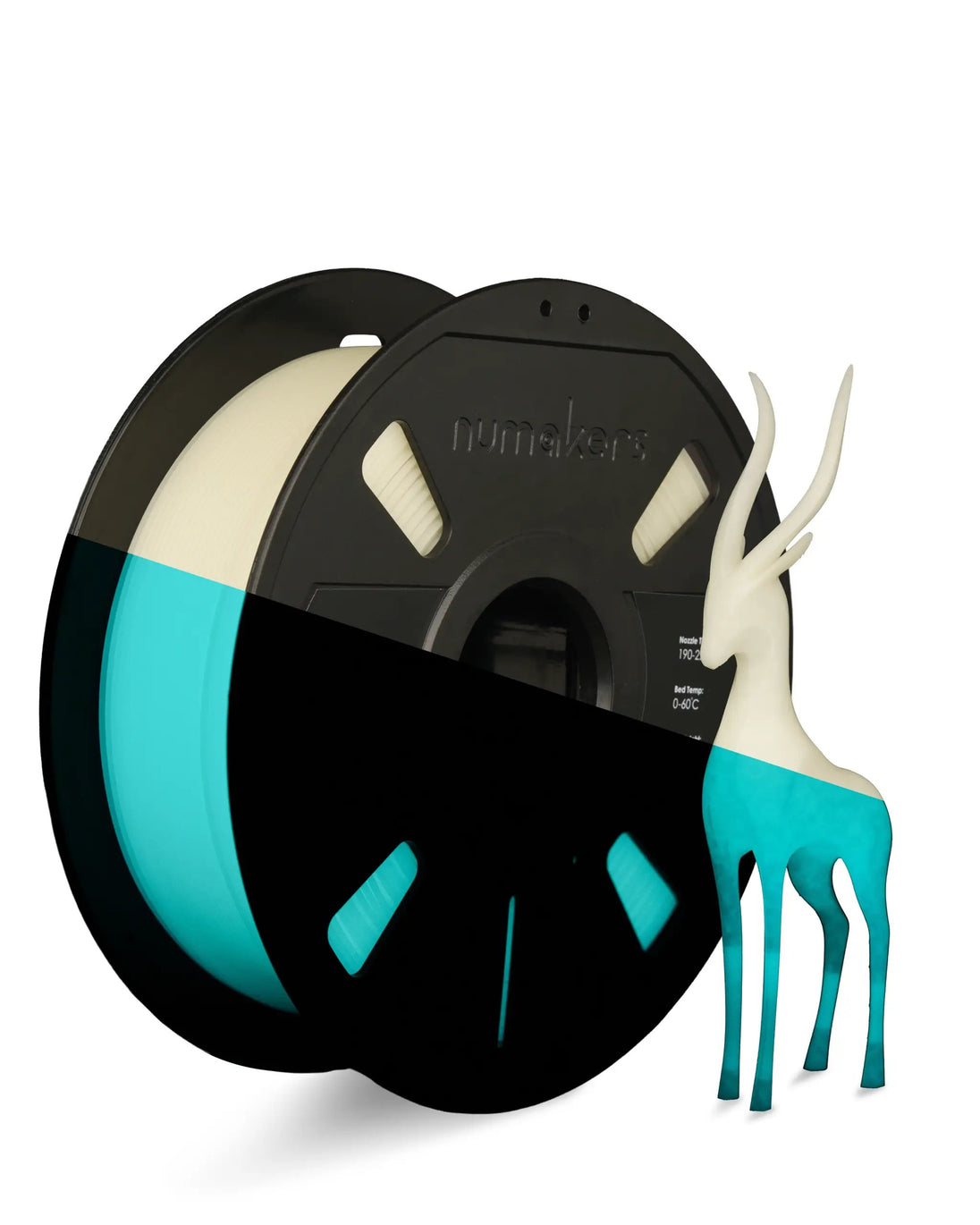 Numakers PLA Glow in the Dark filament spool; cream-colored PLA on black reel