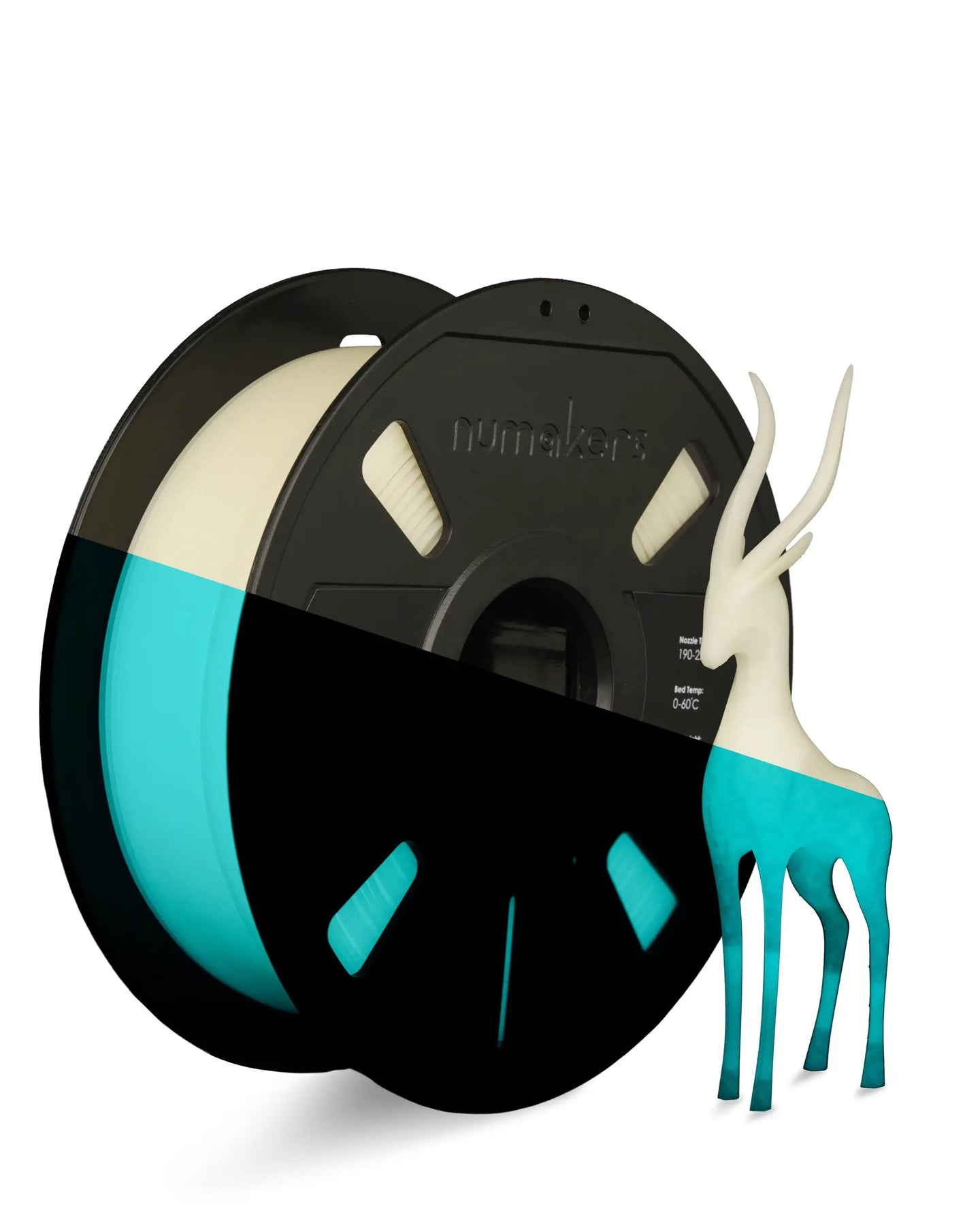 Numakers PLA Glow in the Dark filament spool; cream-colored PLA on black reel