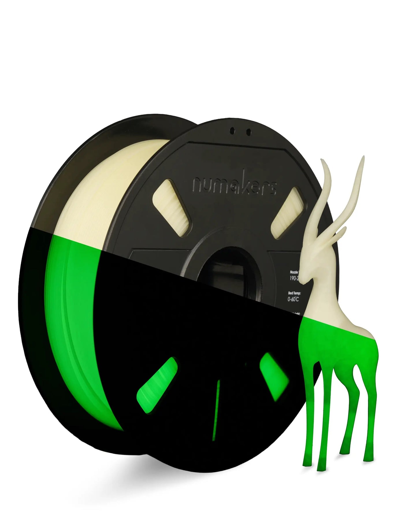 Numakers PLA Glow in the Dark filament spool for 3D printers; cream-colored filament.