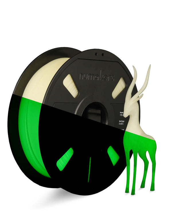 Numakers PLA Glow in the Dark filament spool for 3D printers; cream-colored filament.