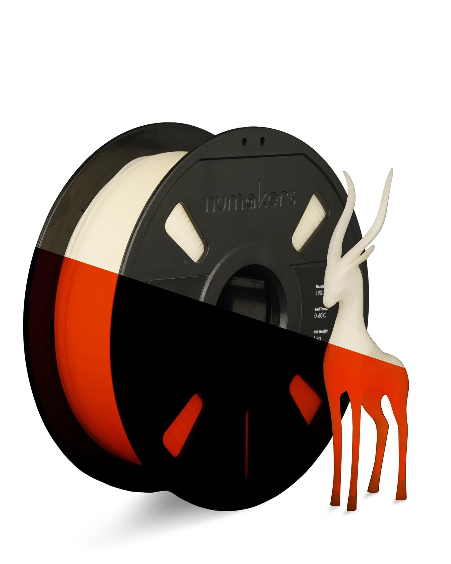 Numakers PLA Glow-in-the-Dark filament spool for 3D printers, cream/white filament on black spool.