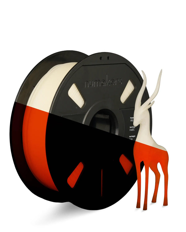 Numakers PLA Glow-in-the-Dark filament spool for 3D printers, cream/white filament on black spool.