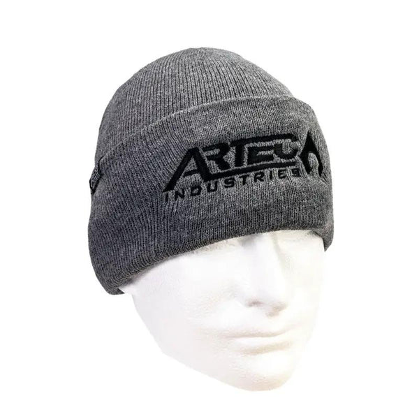 Grey Beanie Artec Industries logo, knit fabric with front embroidery