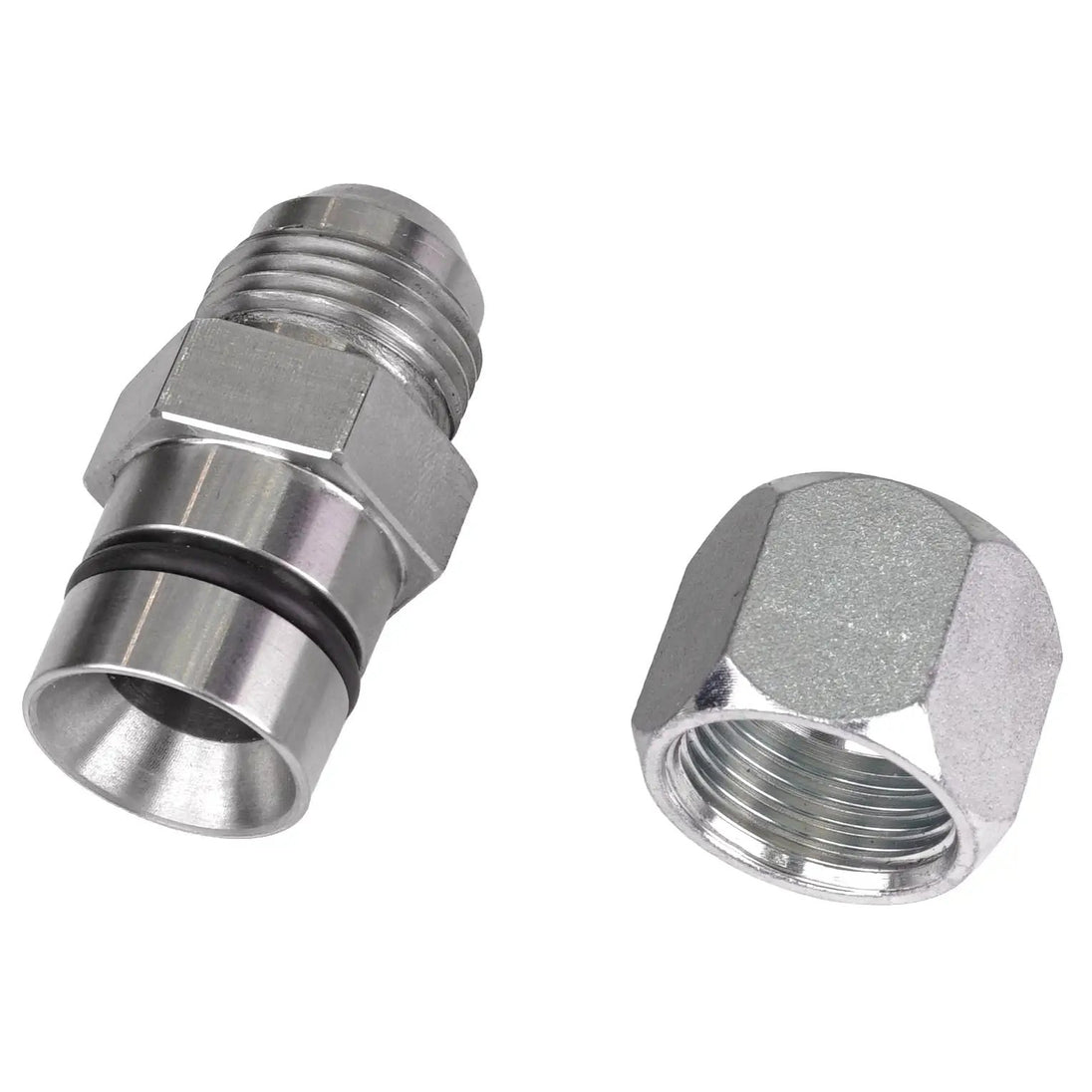 Power Driven Diesel 10 AN Block Oil Drain Fitting 1989-2018 Dodge Cummins, stainless steel, two fittings shown