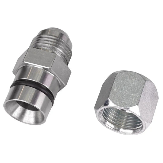 Power Driven Diesel 10 AN Block Oil Drain Fitting 1989-2018 Dodge Cummins, stainless steel, two fittings shown