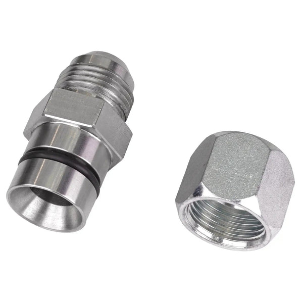 Power Driven Diesel 10 AN Block Oil Drain Fitting 1989-2018 Dodge Cummins, stainless steel, two fittings shown