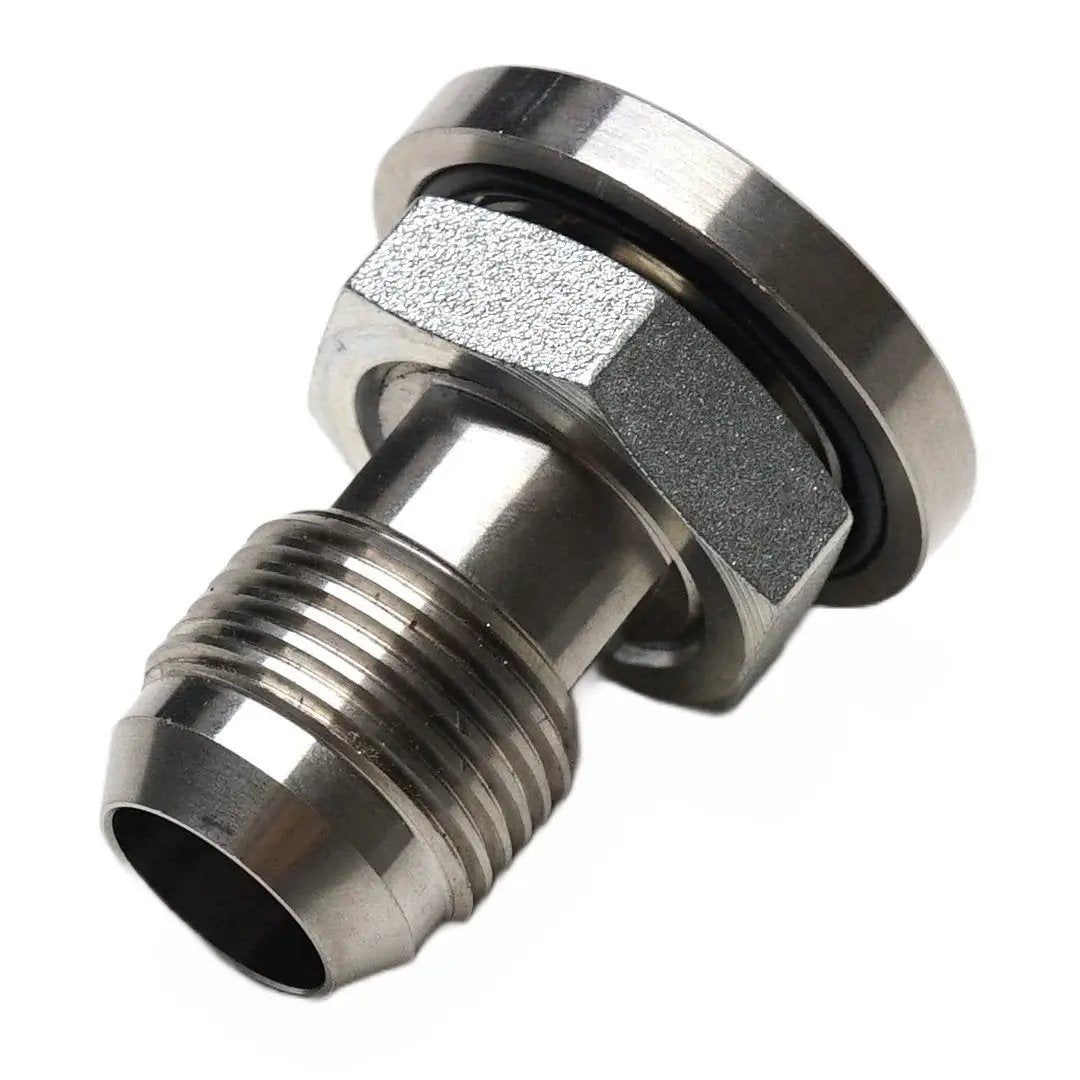 Power Driven Diesel 12AN bulkhead oil drain fitting; stainless steel, male AN-threaded hex collar mounting flange
