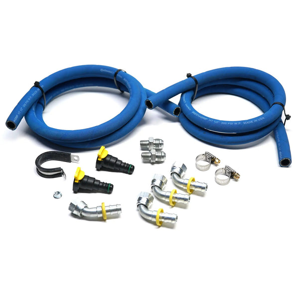 Power Driven 48RE transmission cooler line replacement kit for 03-07 Cummins; two blue hoses with fittings and clamps