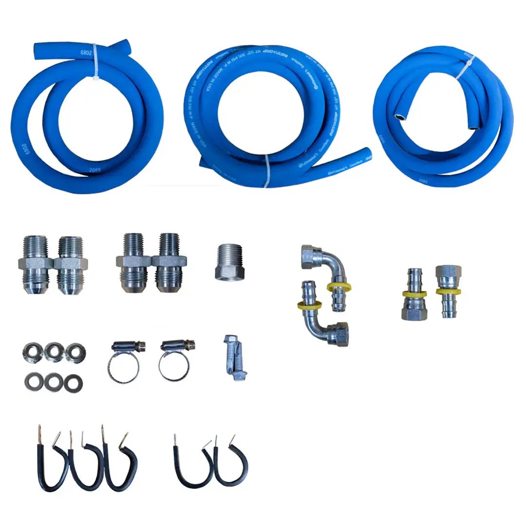 Power Driven Diesel 47RE transmission cooler line replacement kit with heat exchanger relocation and blue hoses