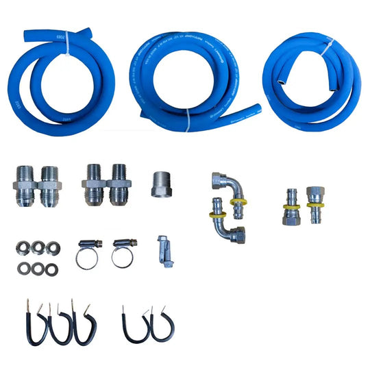 Power Driven Diesel 47RE transmission cooler line replacement kit with heat exchanger relocation and blue hoses