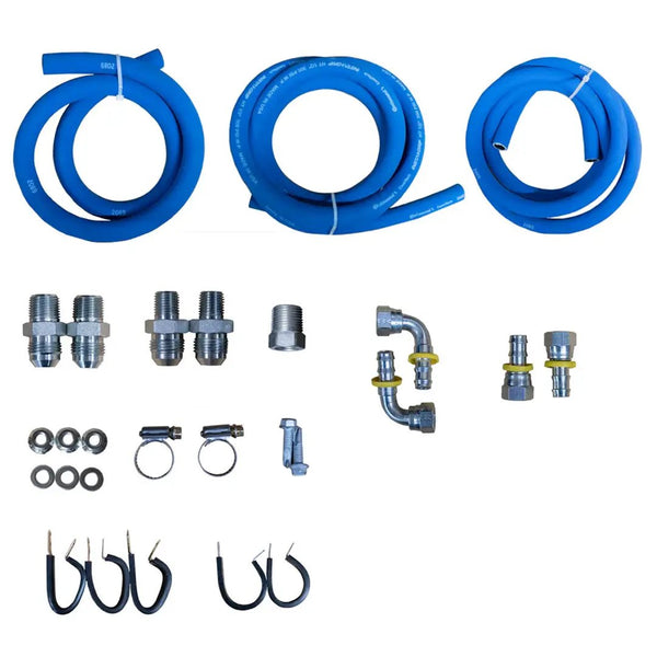 Power Driven Diesel 47RE transmission cooler line replacement kit with heat exchanger relocation and blue hoses