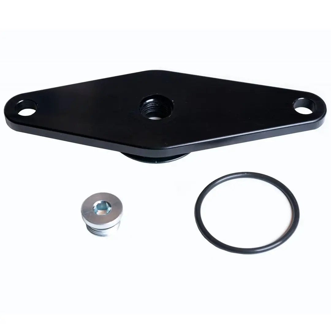 Power Driven Billet Rear Freeze Plug 89-02 5.9L Cummins, black billet plate with center threaded bore, silver plug, O-ring