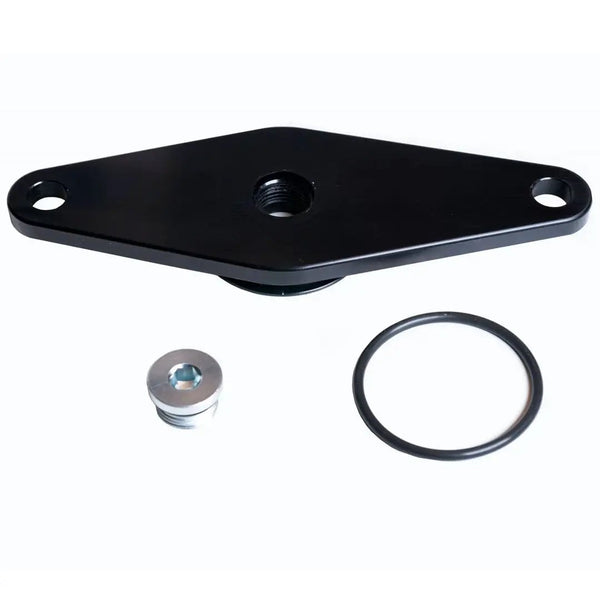 Power Driven Billet Rear Freeze Plug 89-02 5.9L Cummins, black billet plate with center threaded bore, silver plug, O-ring