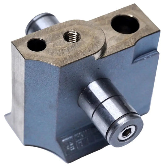 Power Driven Doweled Batwing Rocker Pedestals blue-gray block with machined top, two holes and centered threaded bore