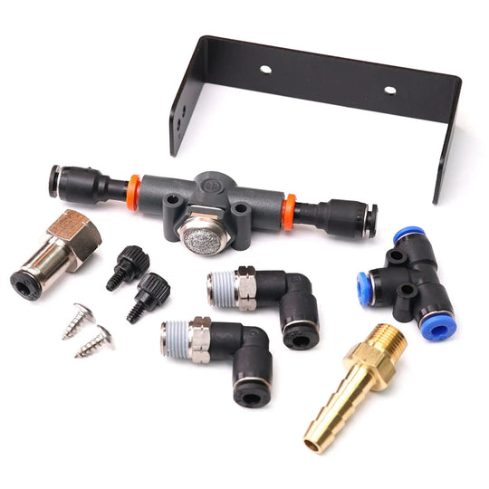 Power Driven AFC Live Install Kit - black mounting bracket with orange spacers and assorted fittings