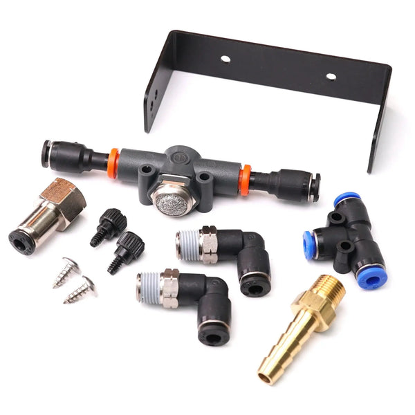 Power Driven AFC Live Install Kit - black mounting bracket with orange spacers and assorted fittings