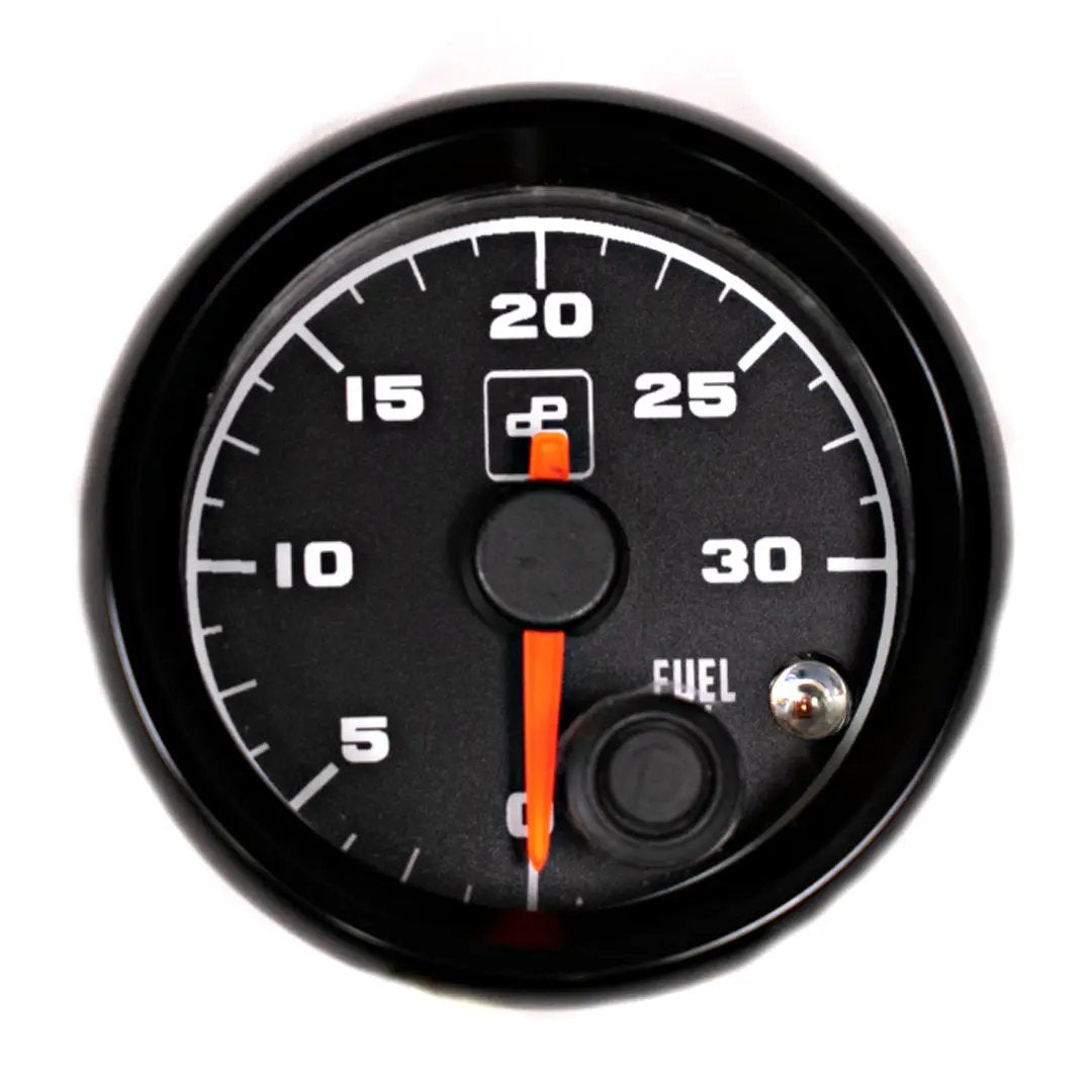 Power Driven Diesel 2-1/16 in Fuel Pressure Gauge 0-30 psi with warning, black gauge face and orange needle