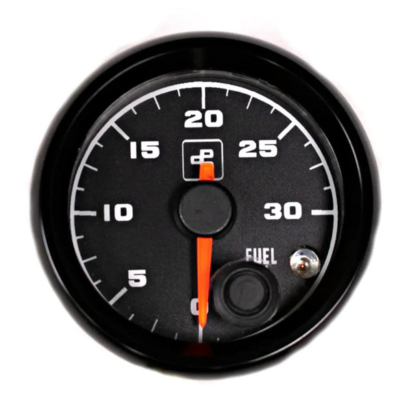 Power Driven Diesel 2-1/16 in Fuel Pressure Gauge 0-30 psi with warning, black gauge face and orange needle