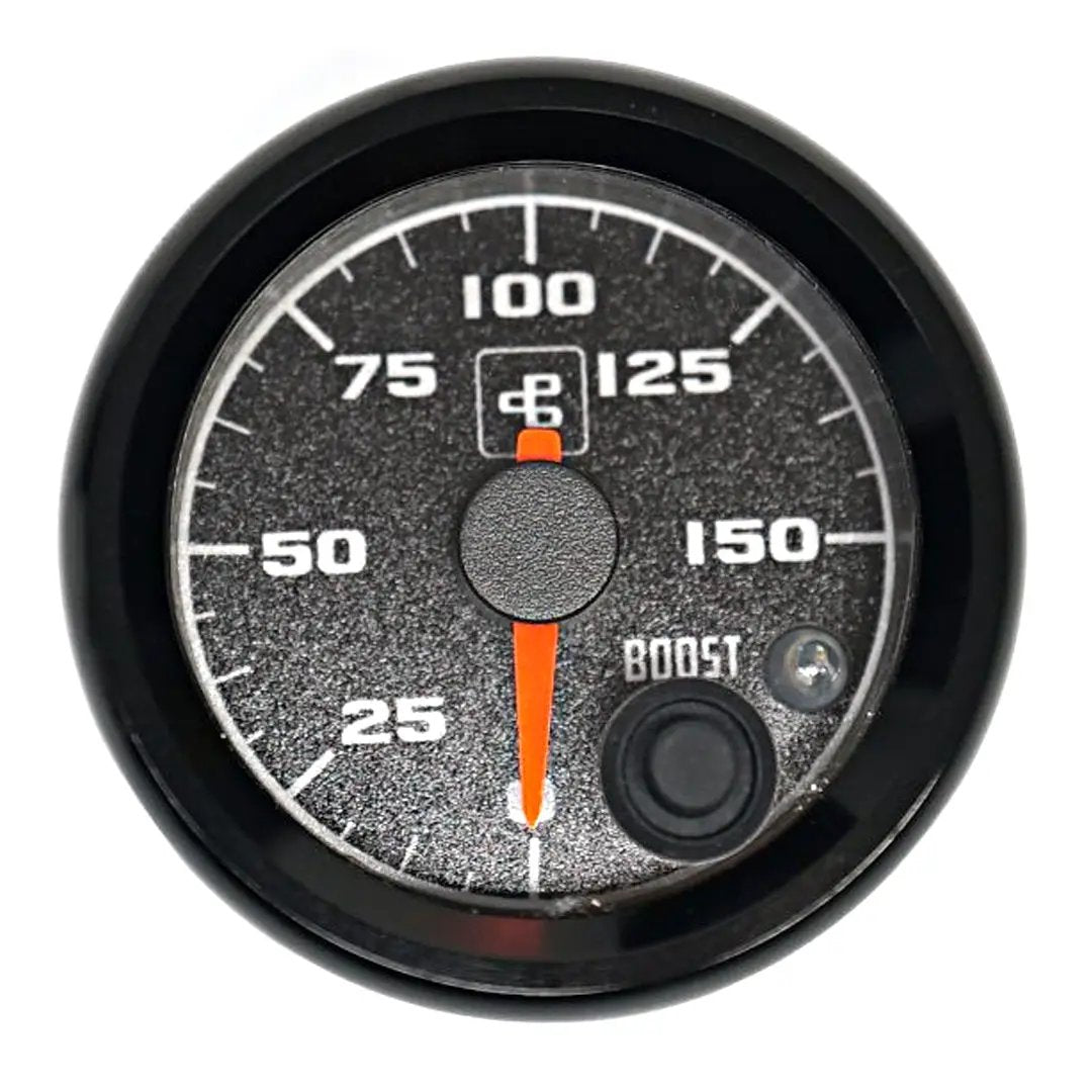 Power Driven Diesel Boost Gauge 2-1/16" 150 psi, fits 2.062" dash, black dial with orange needle and warning