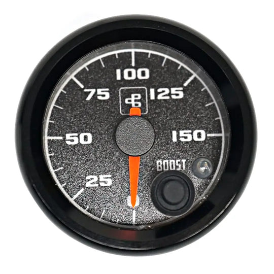 Power Driven Diesel Boost Gauge 2-1/16" 150 psi, fits 2.062" dash, black dial with orange needle and warning