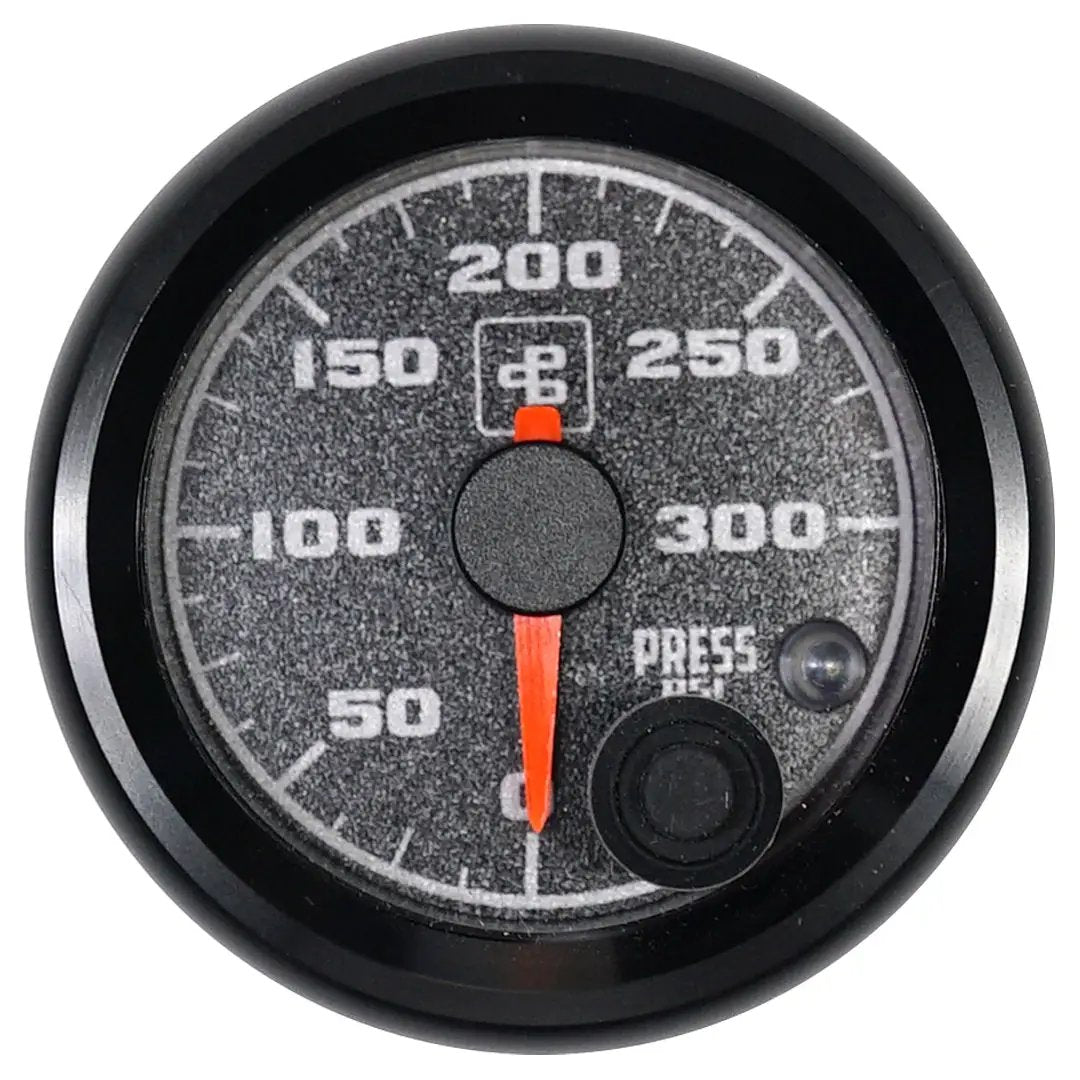 Power Driven Diesel 0-300 psi universal pressure gauge, black bezel, orange needle, round dial