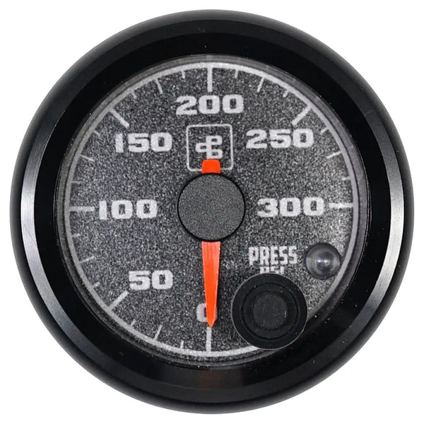 Power Driven Diesel 0-300 psi universal pressure gauge, black bezel, orange needle, round dial