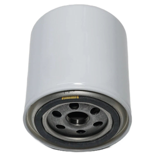 Power Driven Factory Replacement Fuel Filter 1989-2002 Cummins, gray cylindrical canister with metal base