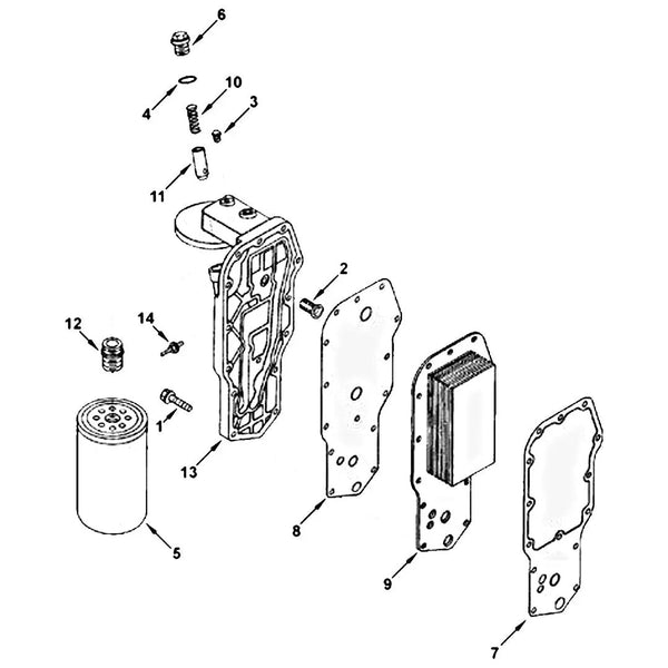 Power Driven Diesel oil cooler gasket set 89-02 Cummins 12V/24V, exploded view with gaskets, seals, and core