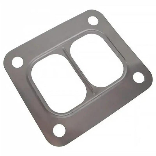 Power Driven Diesel T6 Gasket (Divided) turbo gasket, gray metal with twin openings and 4 mounting holes
