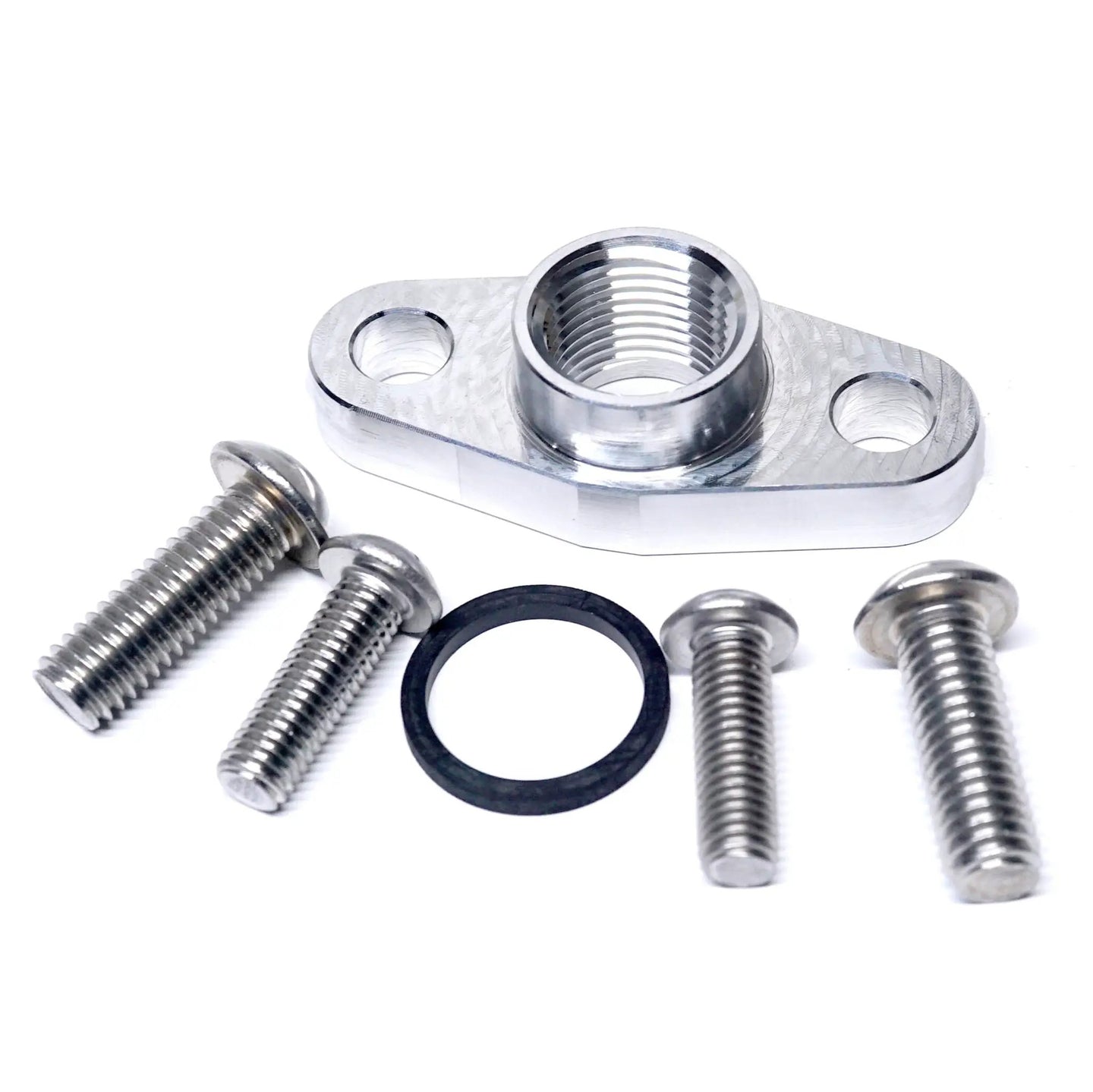 Power Driven Turbo Drain Flange HX35 S300/S400, silver metal with bolts and O-rings