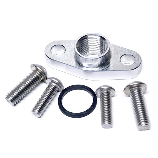 Power Driven Turbo Drain Flange HX35 S300/S400, silver metal with bolts and O-rings