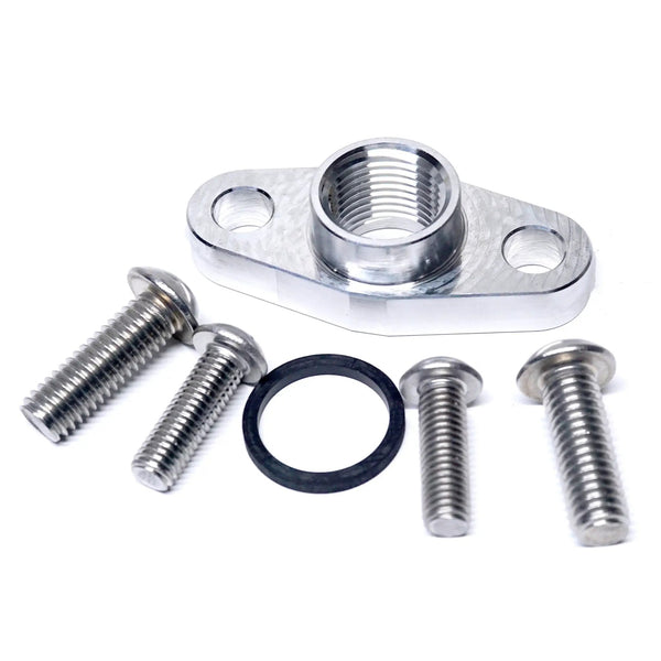 Power Driven Turbo Drain Flange HX35 S300/S400, silver metal with bolts and O-rings