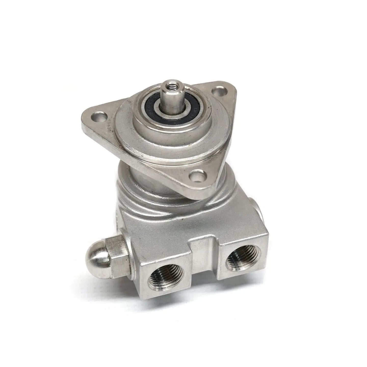 Power Driven Diesel P7100 Predator Lift Pump, silver metal body with mounting flange and two threaded ports