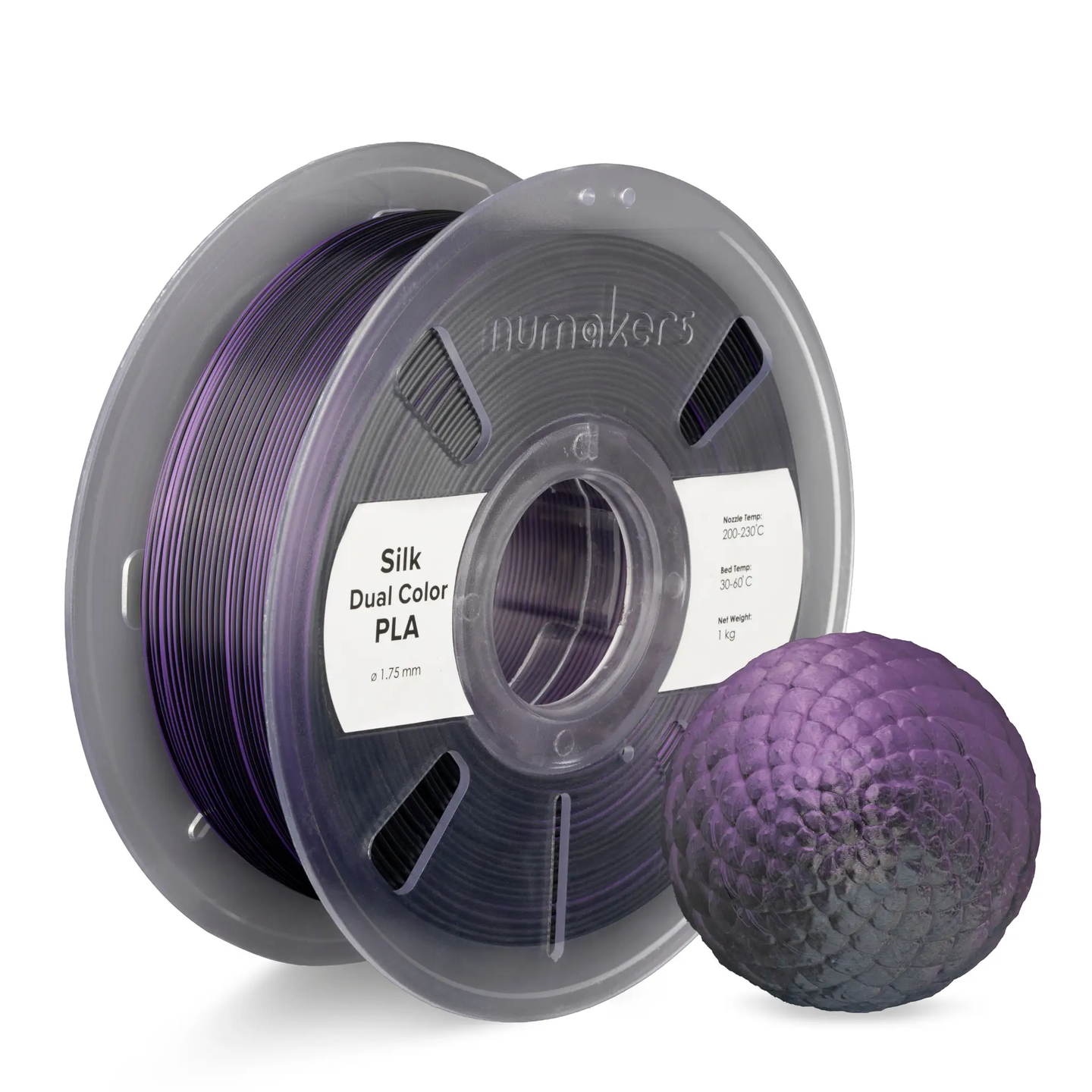 3D printer filament Silk Dual Color PLA spool by Numakers in purple and black