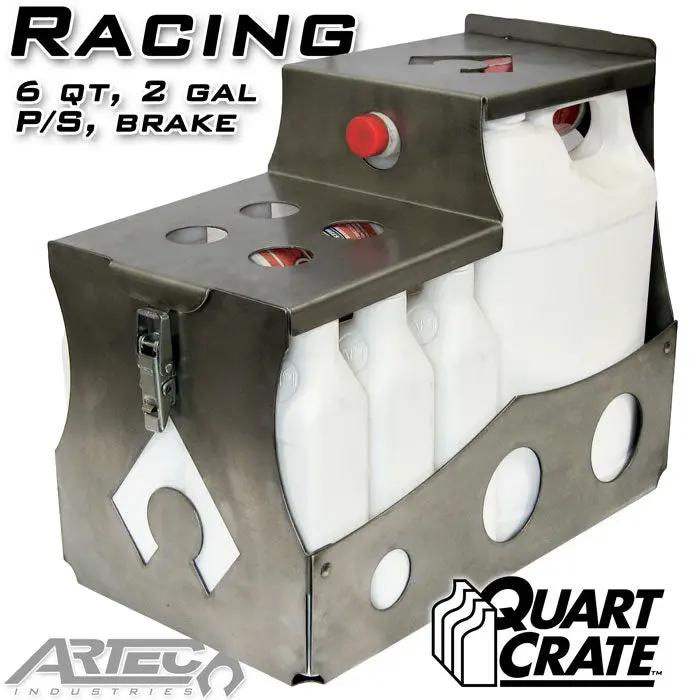 Racing Quart Crate 6 Qt/2 Gal P/S Brake Artec Industries metal crate with white bottles