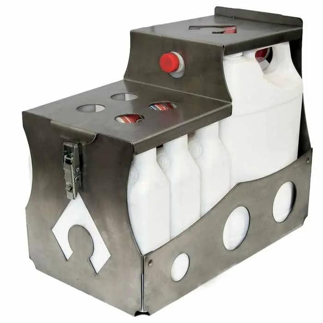 Artec Racing Quart Crate 6 qt brake fluid with white bottles and large jug