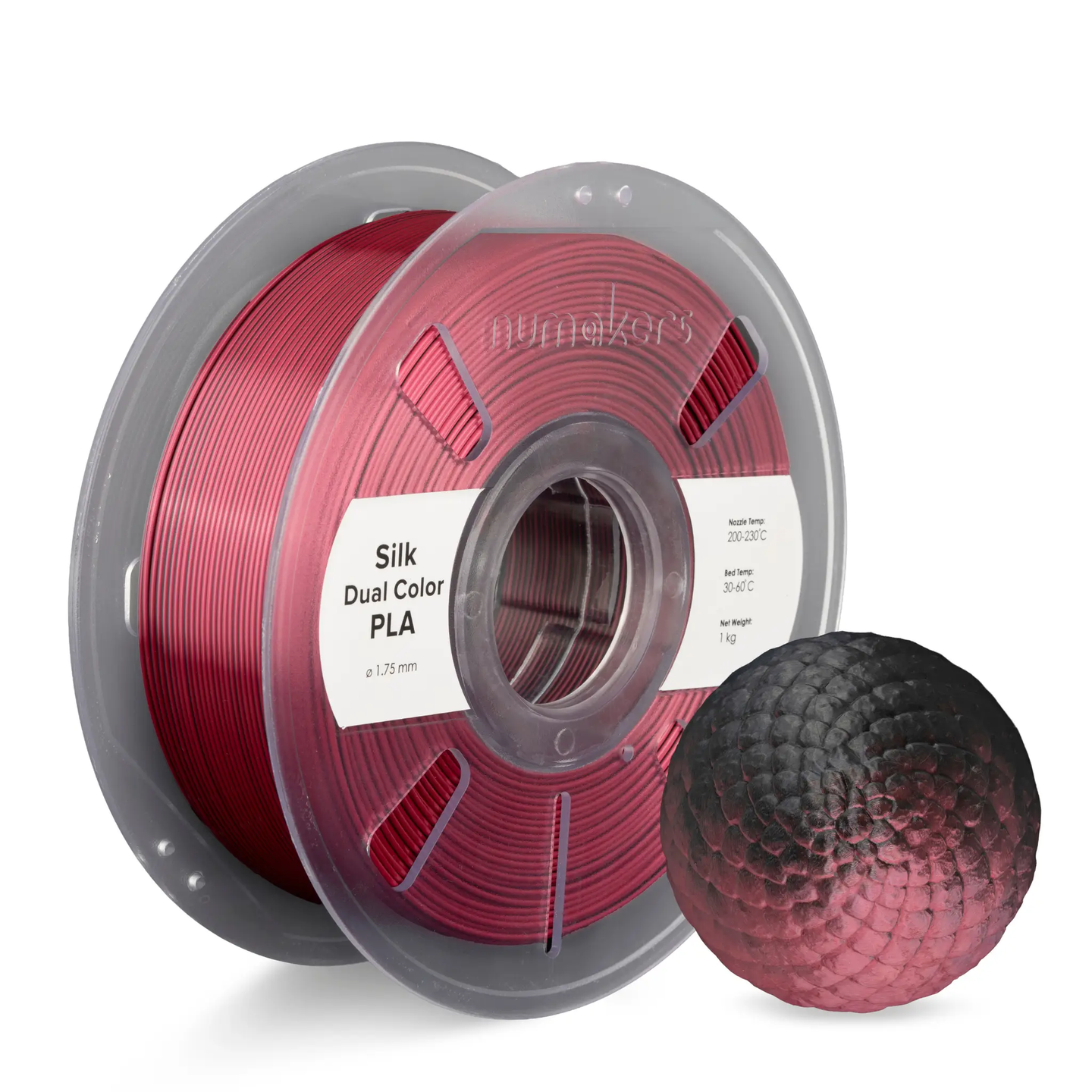 Silk Dual Color PLA filament spool by Numakers, red finish