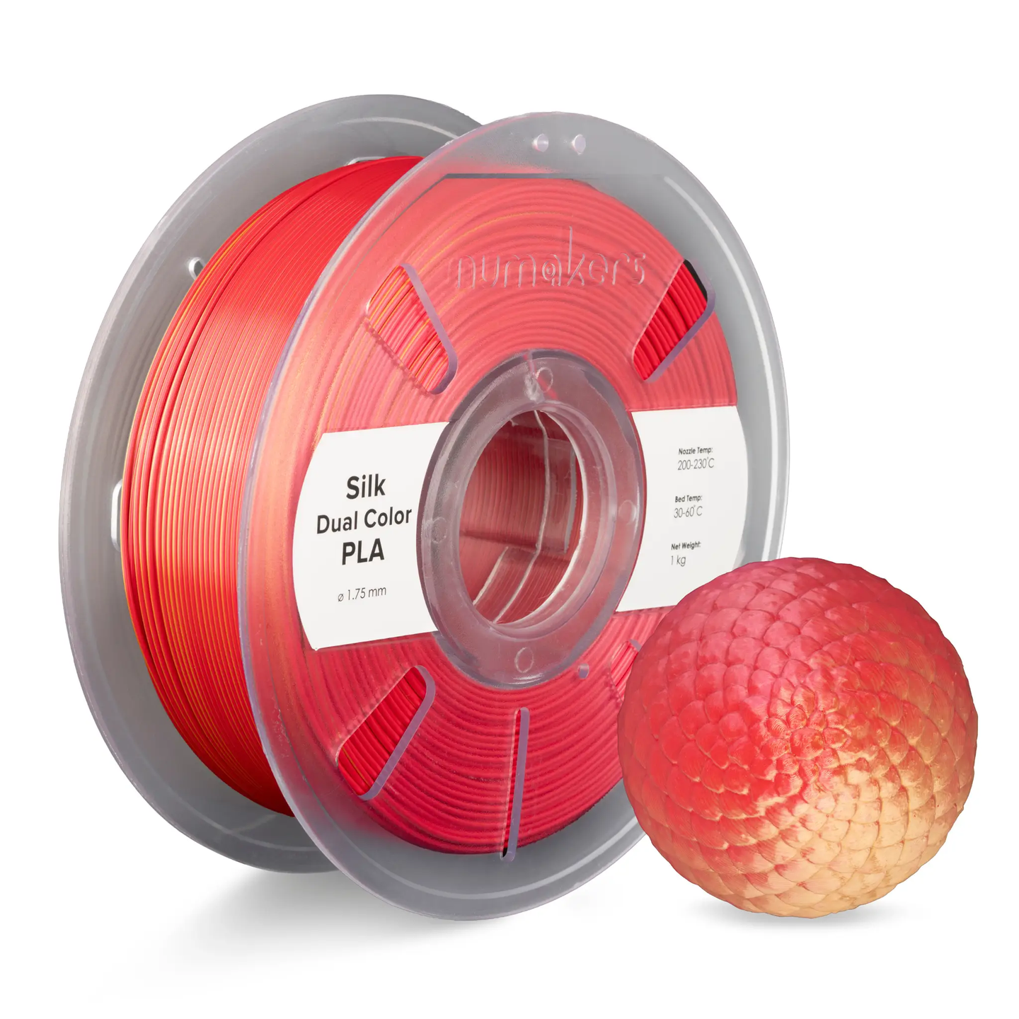 Dual/Tri-Color Silk PLA filament spool by Numakers; red filament with visible label