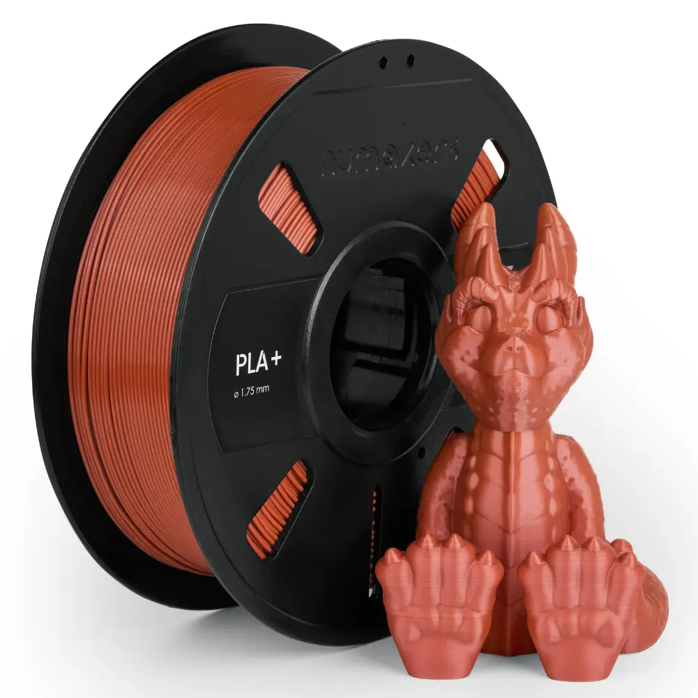 PLA+ filament spool by Numakers in orange; this image shows 2 items: the filament spool and an orange dragon model