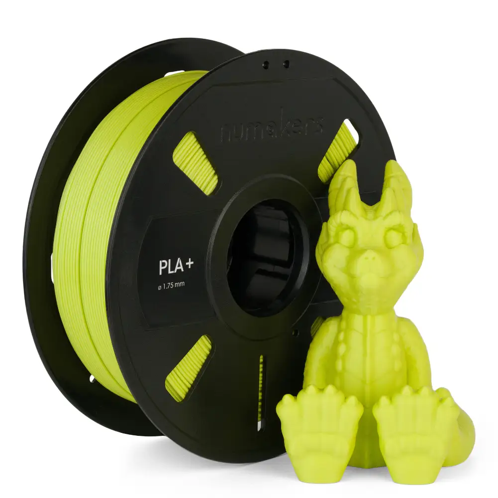 PLA+ Filament spool by Numakers in neon yellow, 1.75 mm, 3D printer accessory with dragon figurine