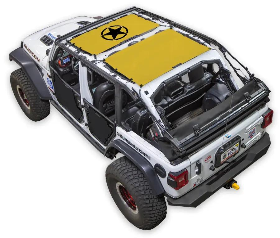 Sun shade top for Jeep Wrangler JLU 4-Door by SpiderWebShade; yellow printed shade panels on white Jeep