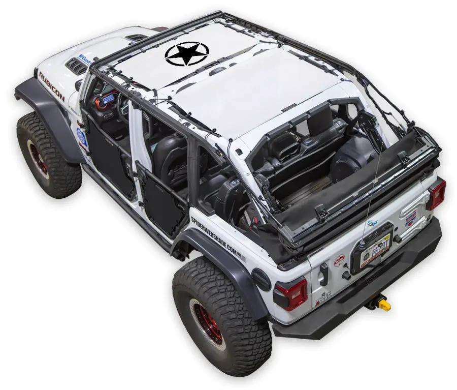Sun shade for Jeep Wrangler JLU 4-Door by SPIDERWEBSHADE; white stock printed shade top with spider logo
