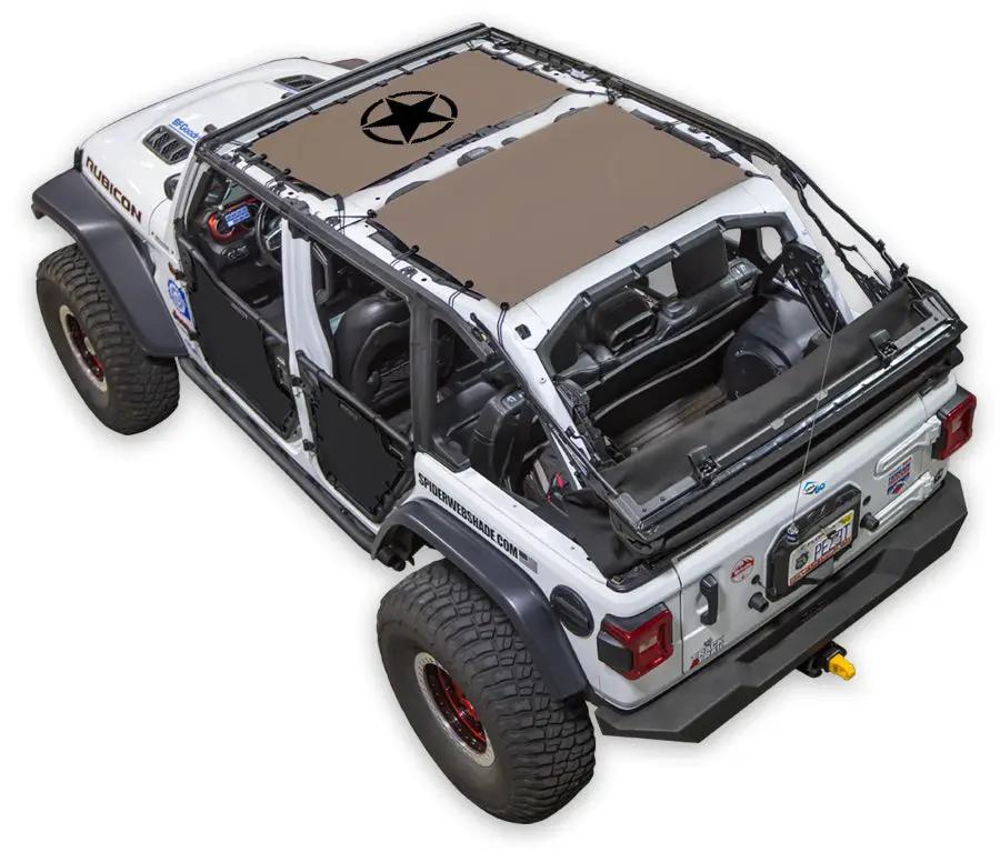 Sun shade top SpiderWebShade for Jeep Wrangler JLU 4-Door, tan panels on white Jeep.