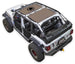 Sun shade top SpiderWebShade for Jeep Wrangler JLU 4-Door, tan panels on white Jeep.