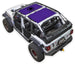 Sun Shade SPIDERWEBSHADE for Jeep Wrangler JLU 4-Door, purple stock-printed shade top on white Jeep