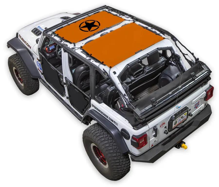 Sun shade for Jeep Wrangler JLU 4-Door by SpiderWebShade, orange stock-printed top.