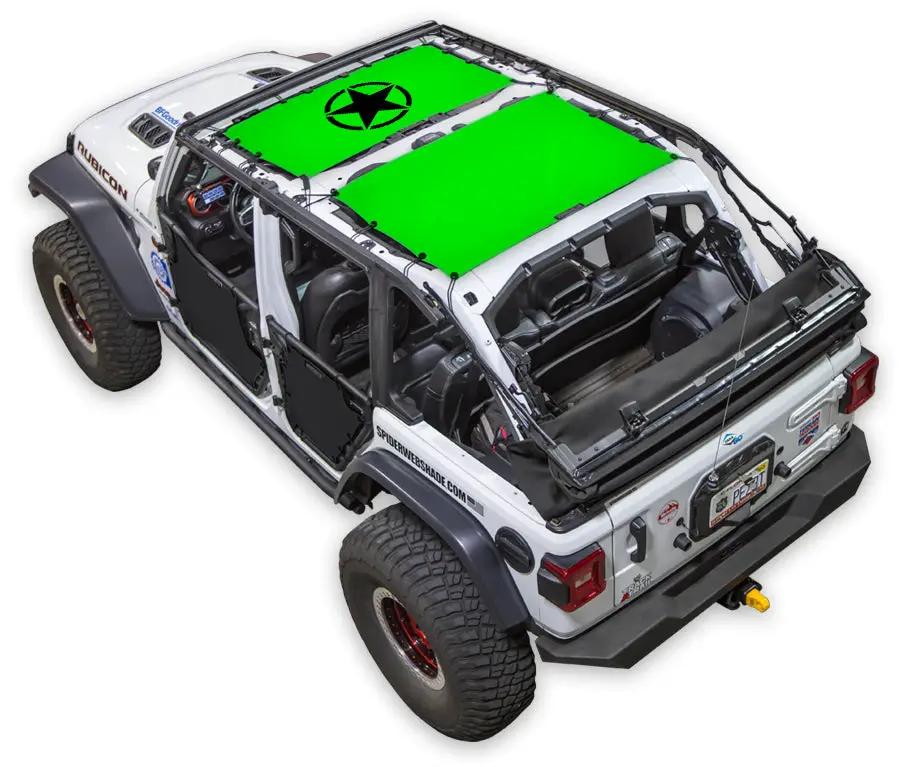 Sun shade for Jeep Wrangler JLU 4-Door by SpiderWebShade; stock printed shade top with green panels on white Jeep.